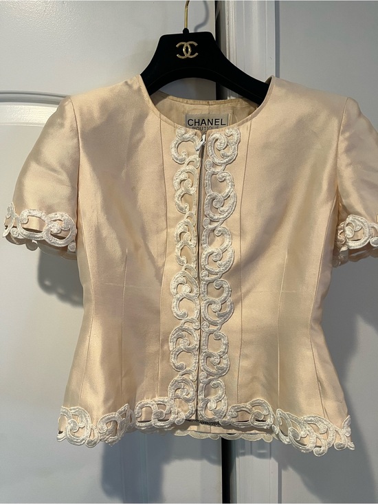 CHANEL Tops - CHANEL Cream Silk Short Sleeve Top with Embroidered Loop Trim